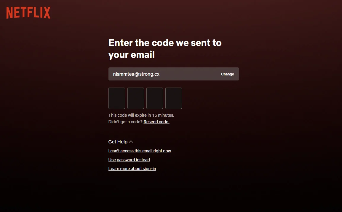 Pilih Dapatkan Bantuan lalu Gunakan Password di halaman login Netflix