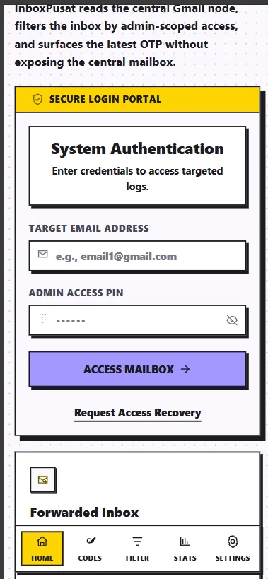 Masukkan email dan kode akses untuk membuka mailbox